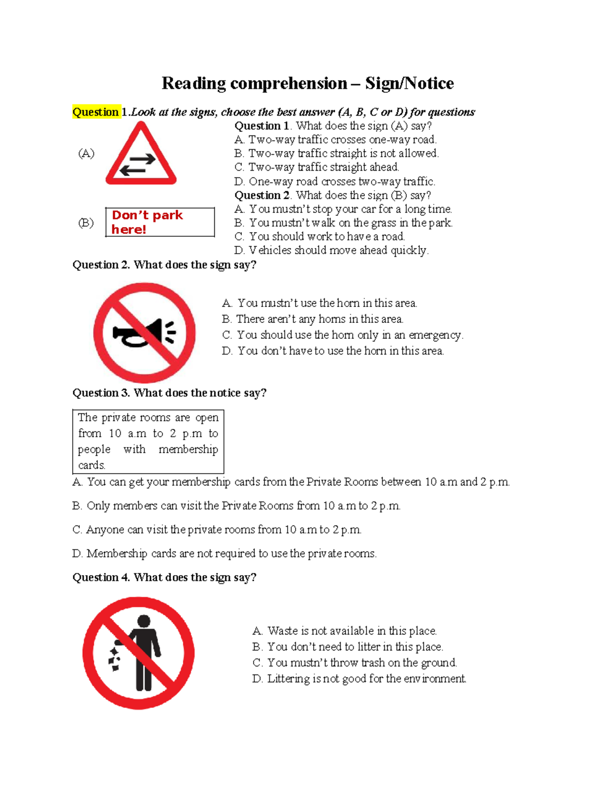 Reading Comprehension: Sign Notice Questions (Quiz) - Studocu