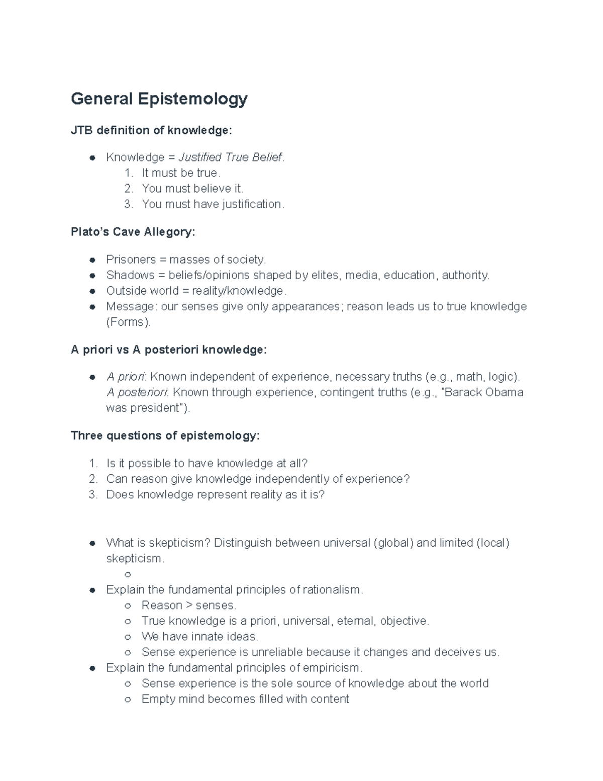 General Epistemology: JTB, Rationalism, and Empiricism Explained - Studocu