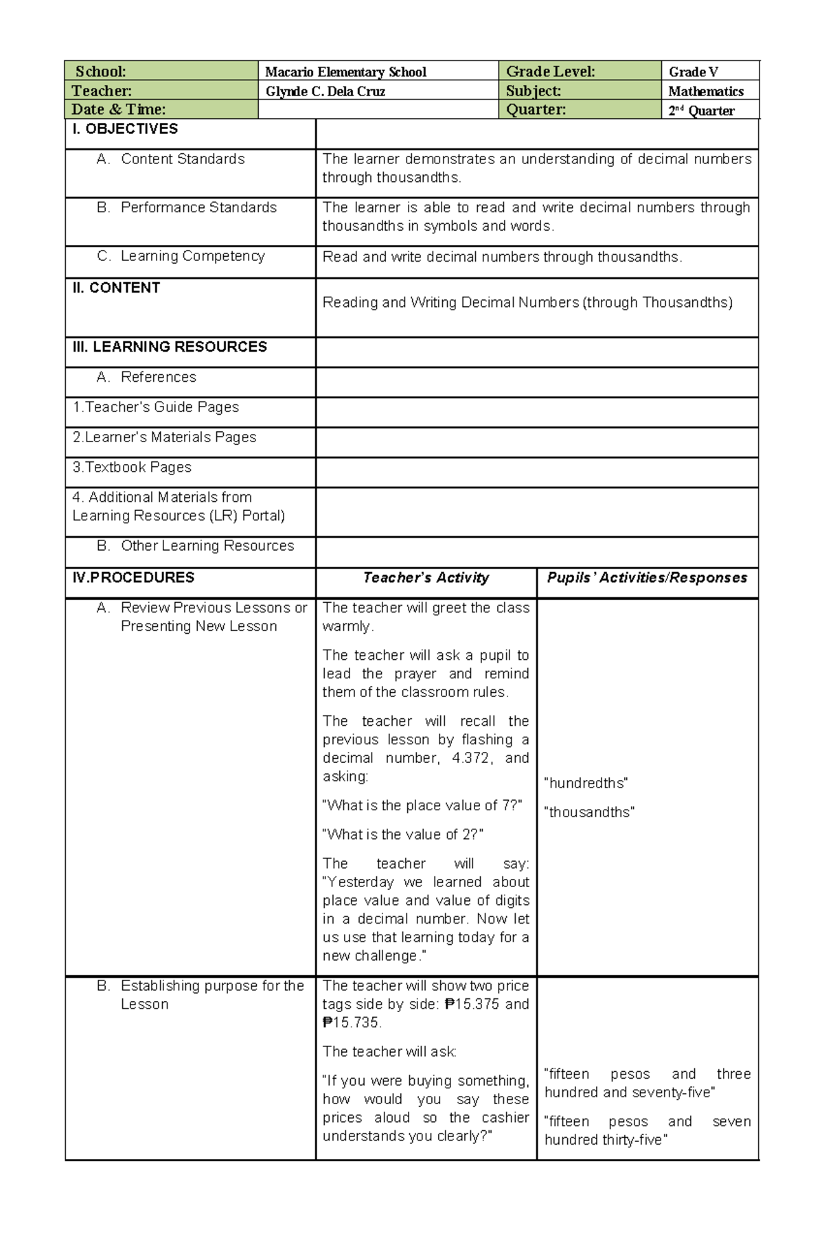 Grade V Math 2nd Quarter Lesson Plan: Reading & Writing Decimals - Studocu