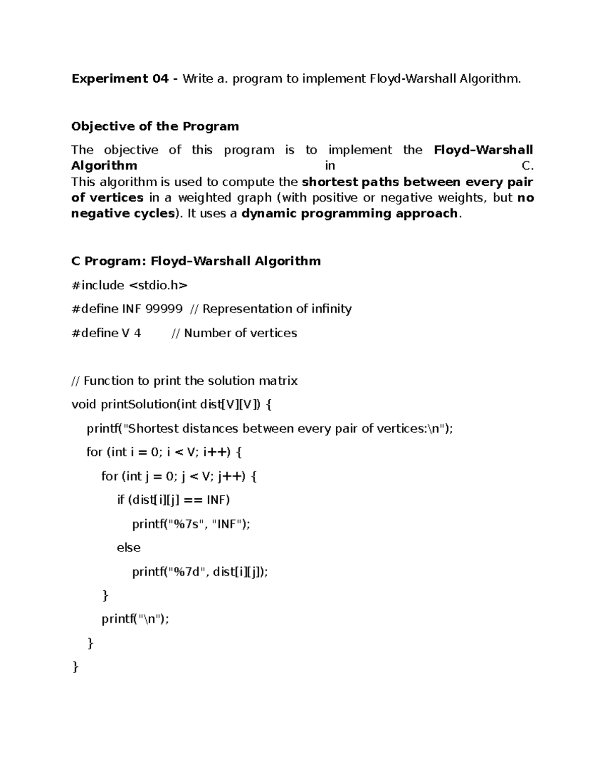 Experiment 04 - C Program for Floyd-Warshall Algorithm Implementation ...