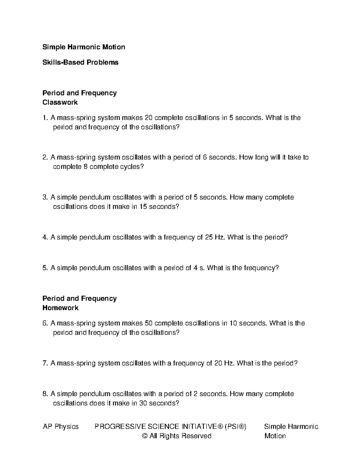 Ap-phys1 simple-harmonic-motion-skill-building-problems 2023-11-04 - AP ...