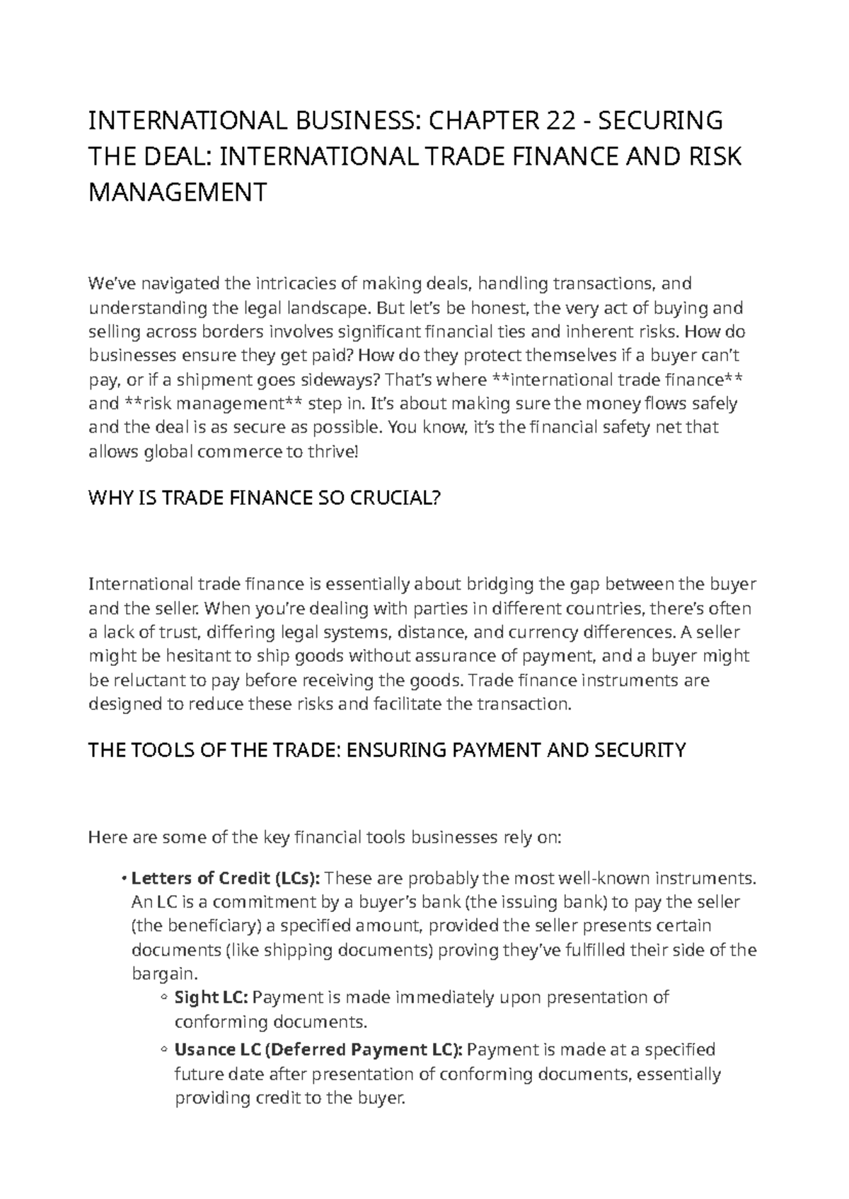 INTL BUS: CH 22 TRADE FINANCE & RISK MGMT IN GLOBAL DEALS - Studocu