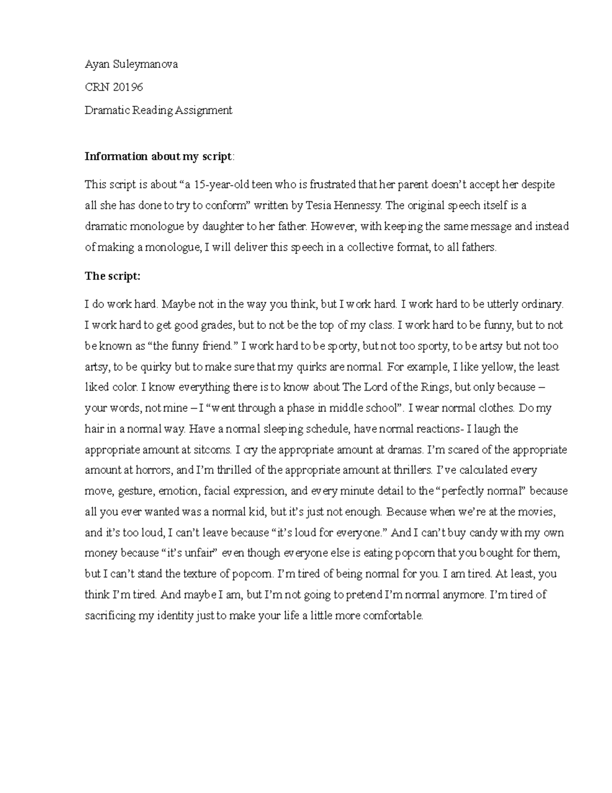 Dramatic Reading Outline - CRN 20196: A Teen's Struggle for Acceptance ...