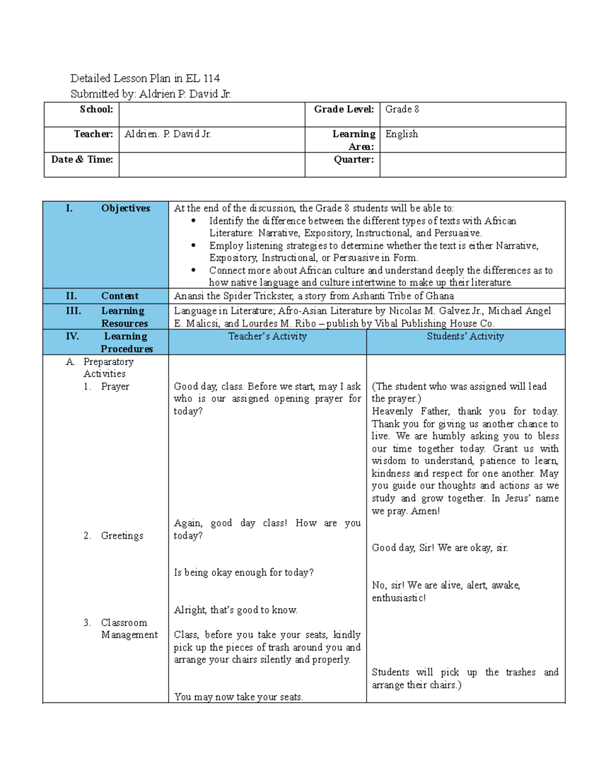 Aldrien David DLP Grade 8 - Detailed Lesson Plan in EL 114 Submitted by ...