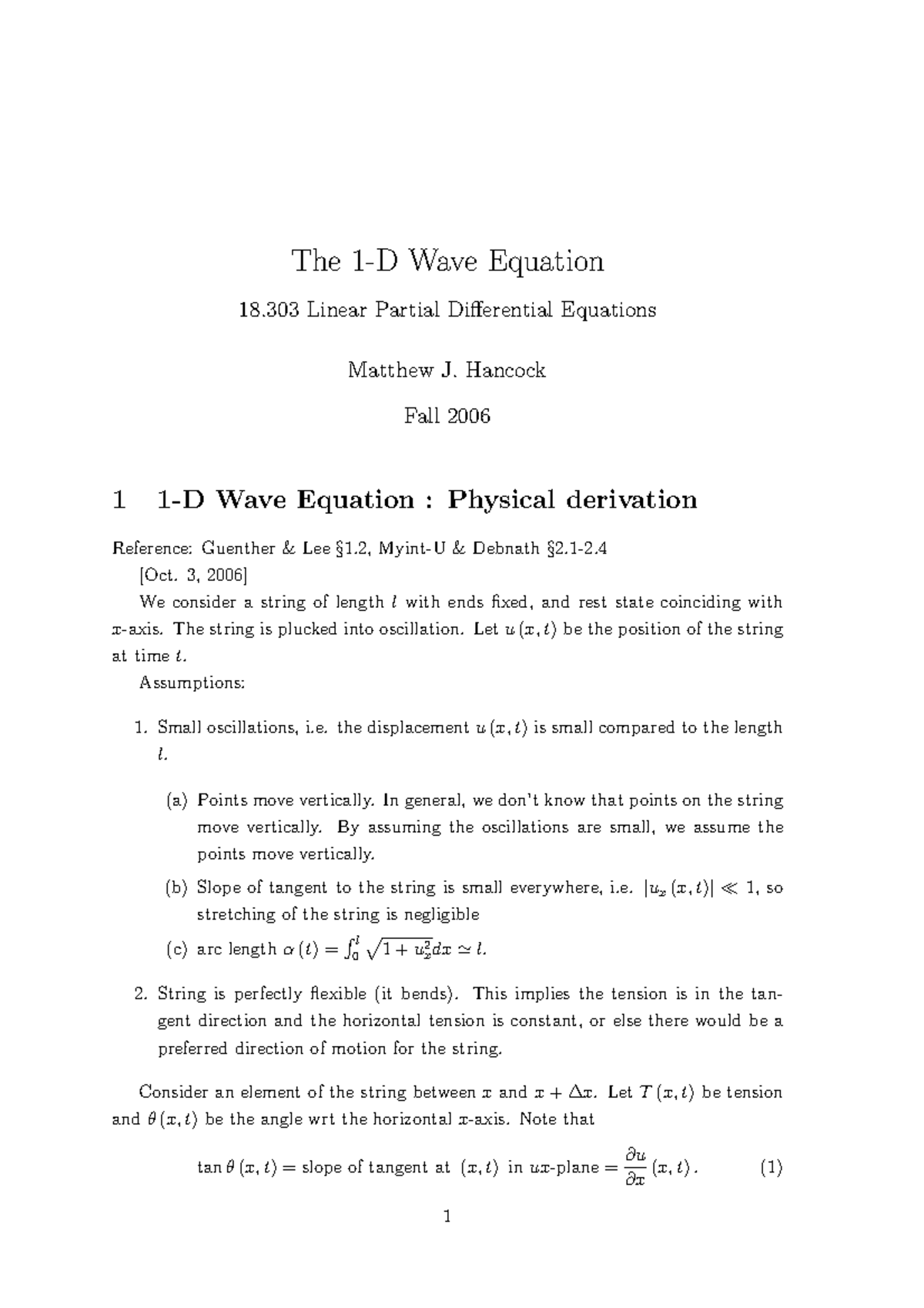 1D Wawe Equation (Derivation) - The 1-D Wave Equation 18 Linear Partial ...