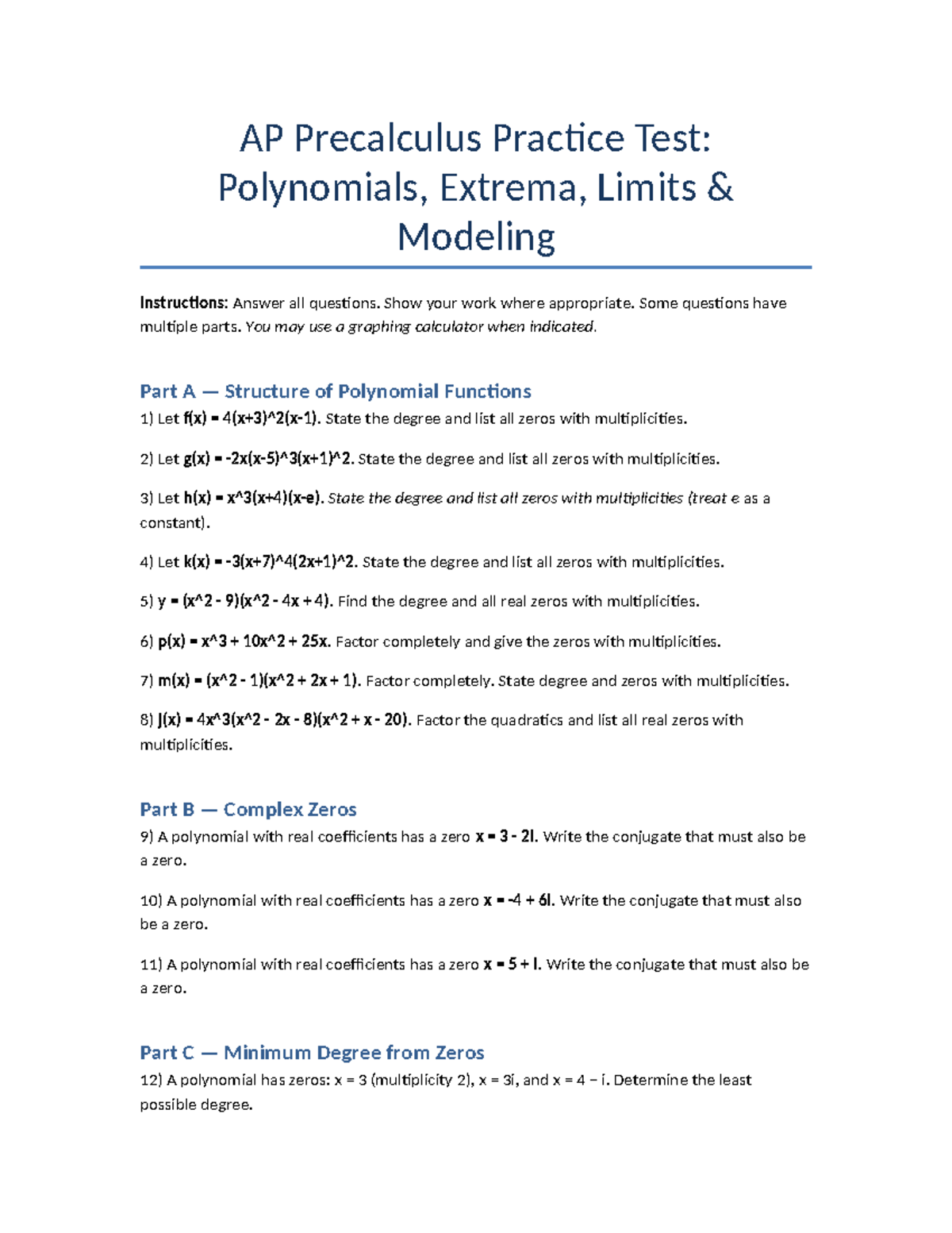 AP Precalculus Practice Test: Polynomials & Graphs Analysis - Studocu