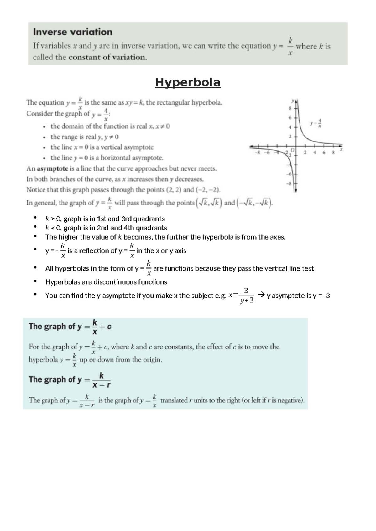 Hyperbola - Hyperbola k > 0, graph is in 1st and 3rd quadrants k