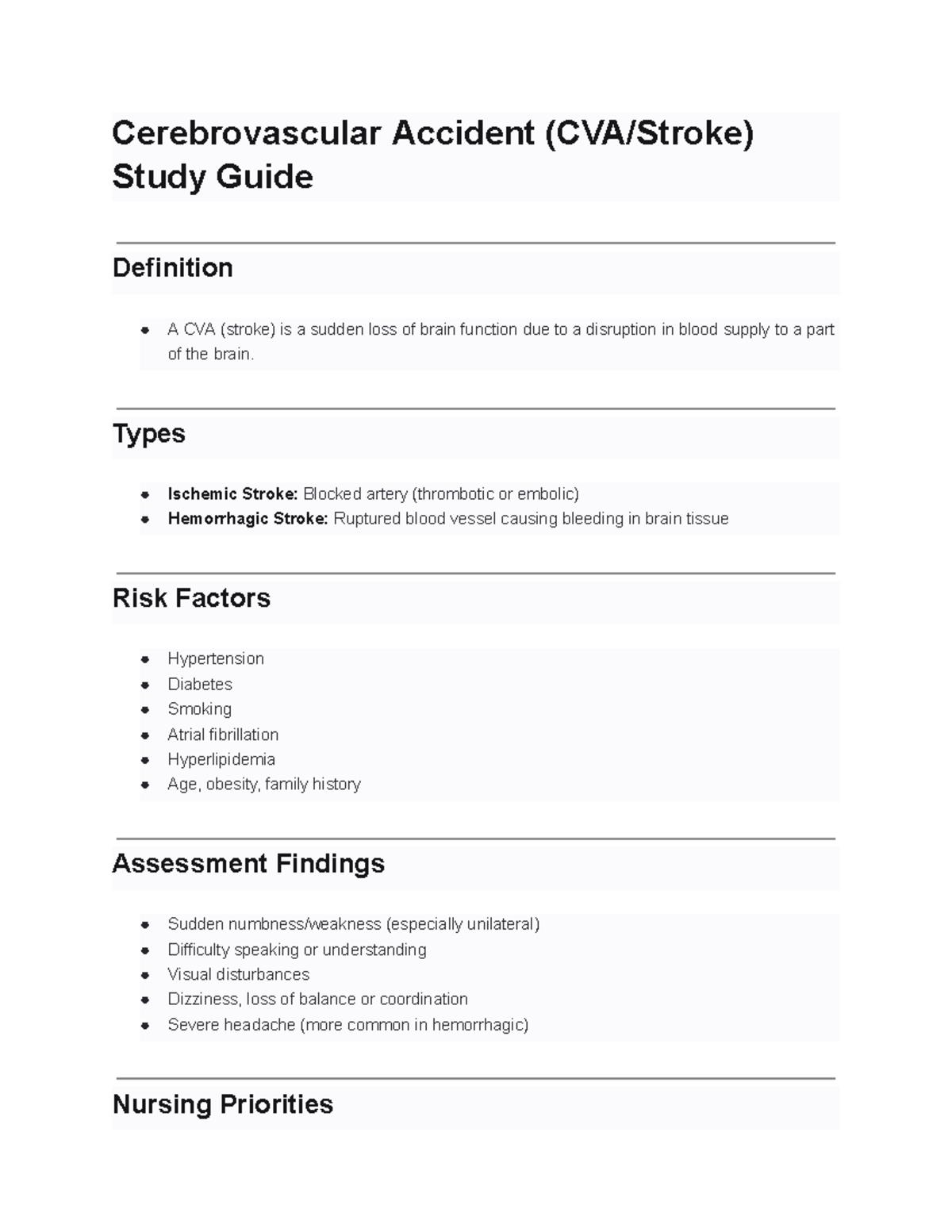 Cerebrovascular Accident (CVA) Stroke Study Guide and Nursing ...