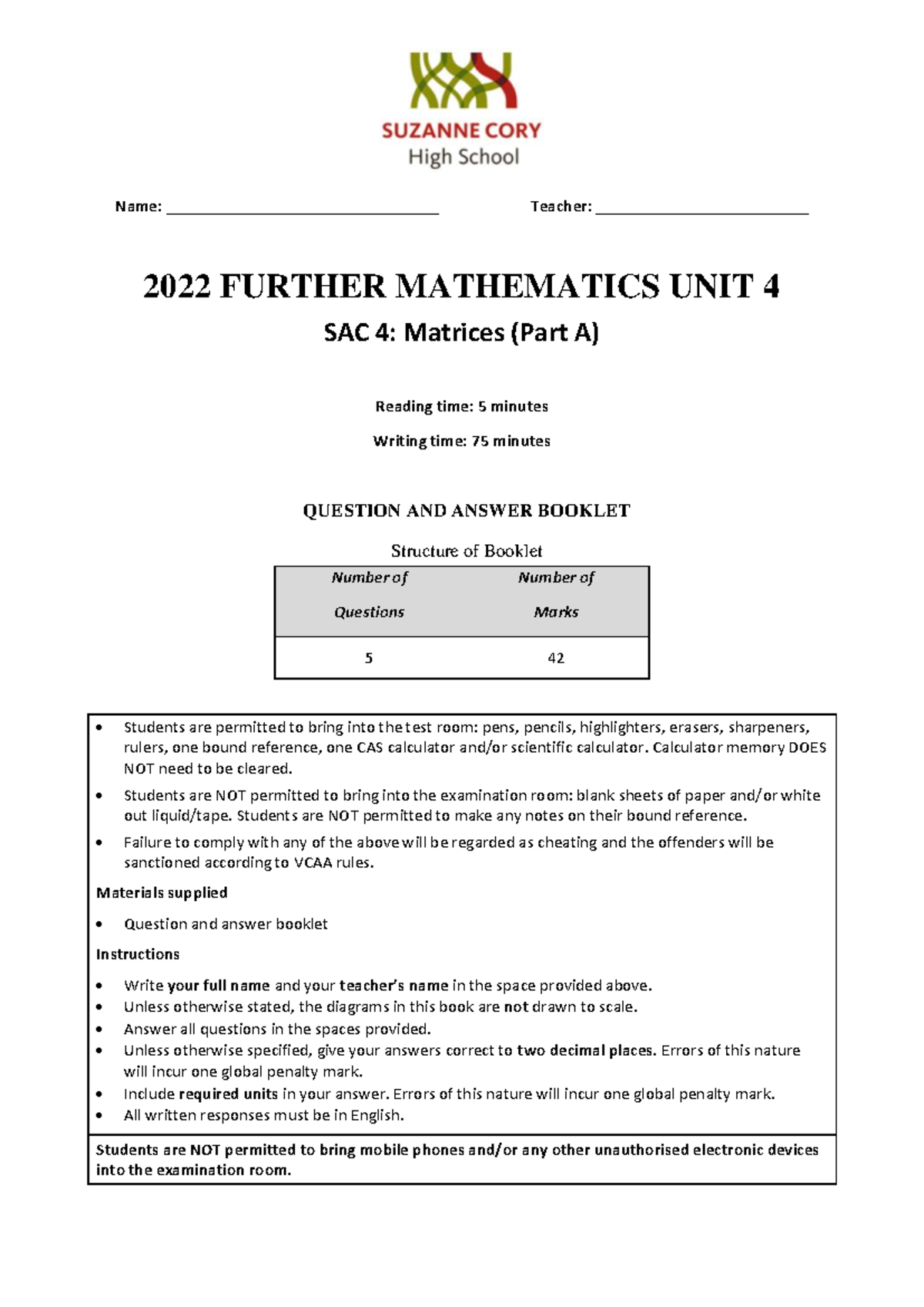 2022 SCHS Further Mathematics Unit 4 SAC 4: Matrices (Part A) - Studocu