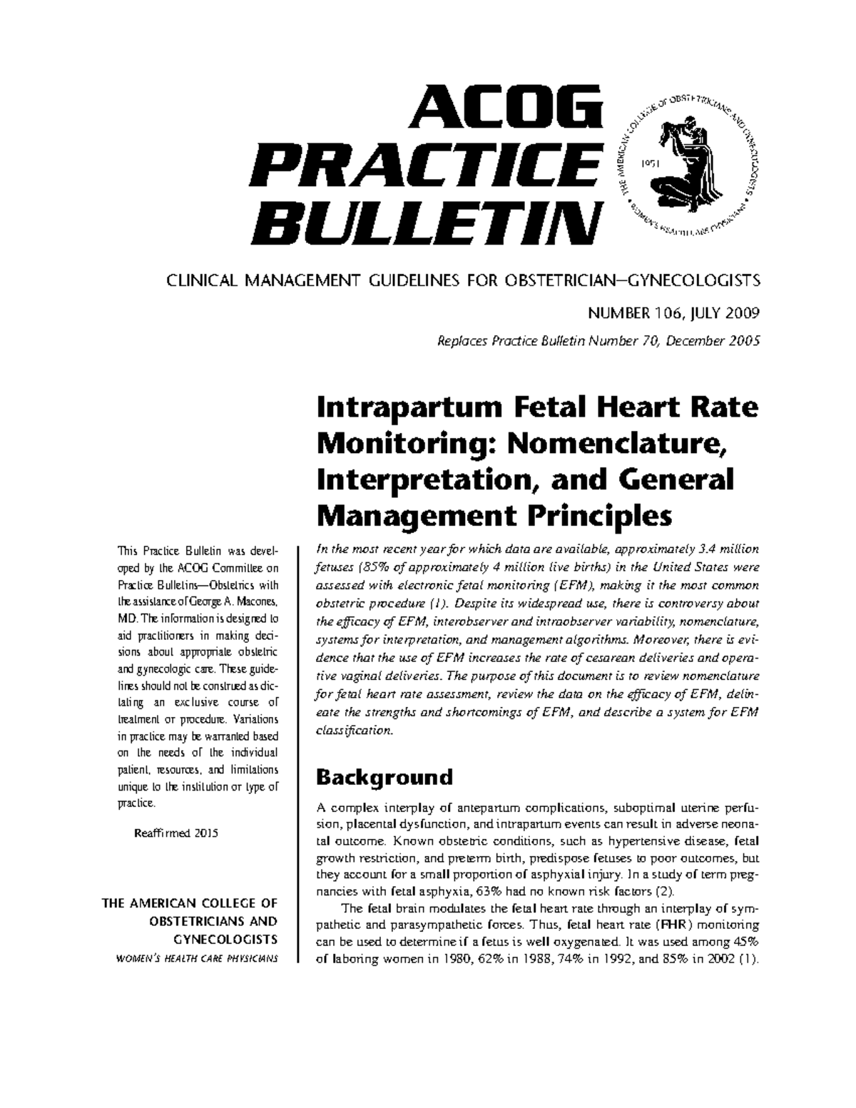 ACOG Guidelines for Intrapartum Fetal Heart Rate Monitoring - Studocu
