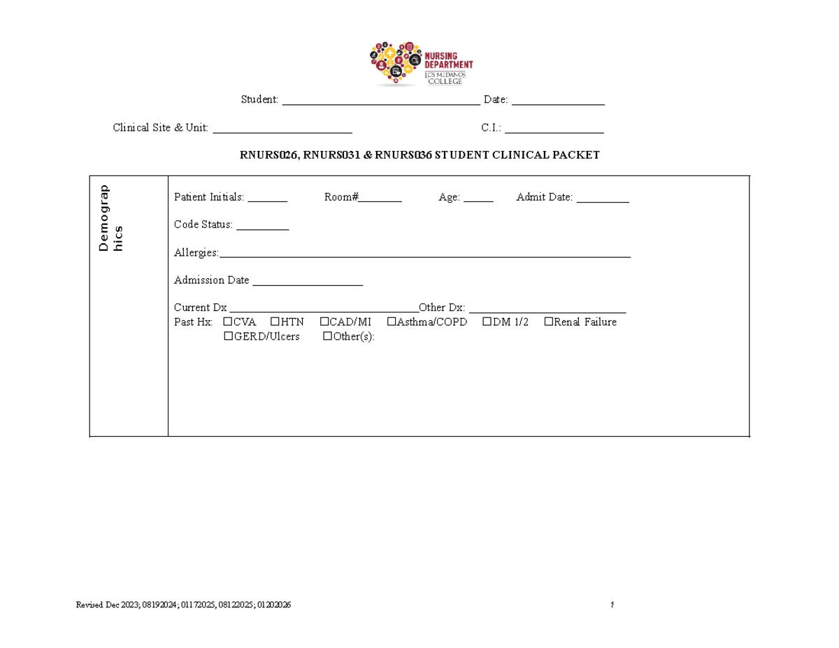 RNURS026, RNURS031, RNURS036 Clinical Packet - Spring 2026 - Studocu