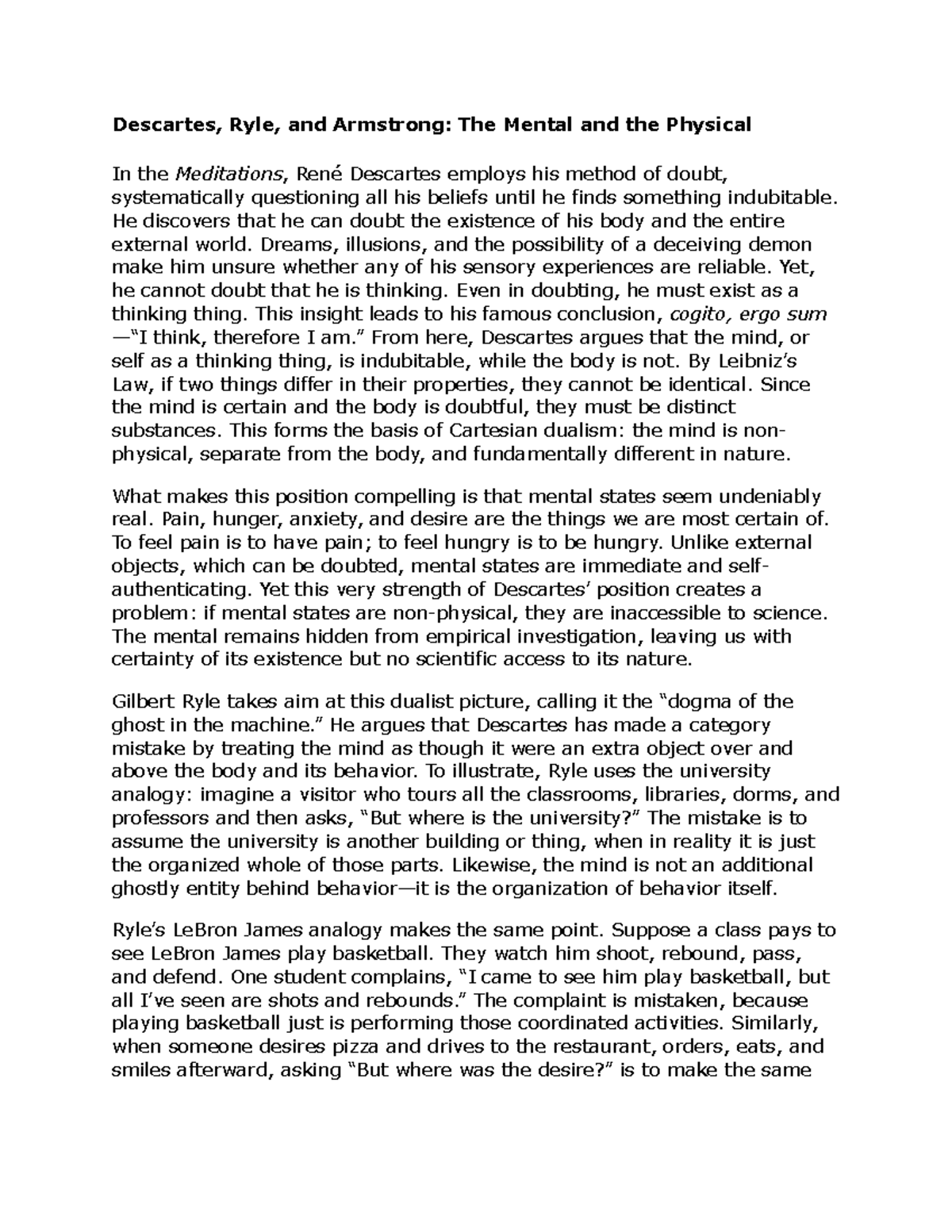 Descartes, Ryle, and Armstrong: Mind-Body Dualism Analysis (PHIL 101 ...