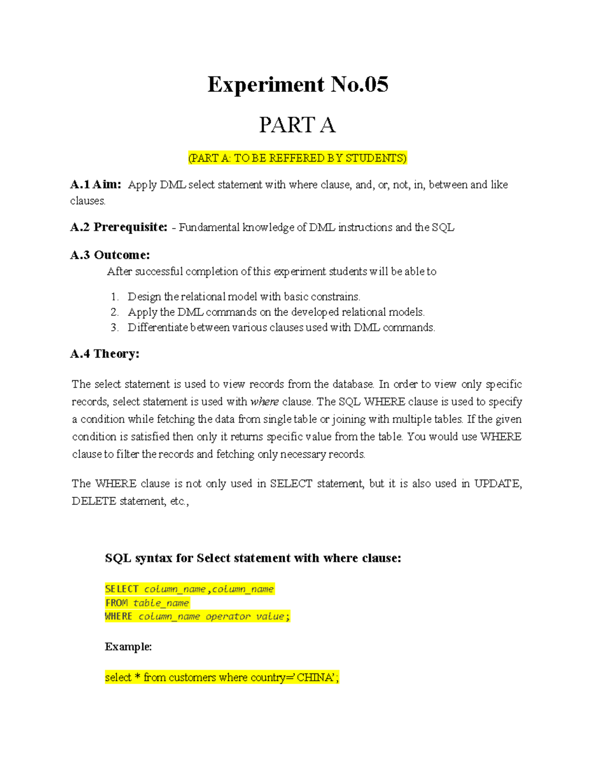 DBMS Practical 5: Using DML with WHERE Clause - C121 - Studocu