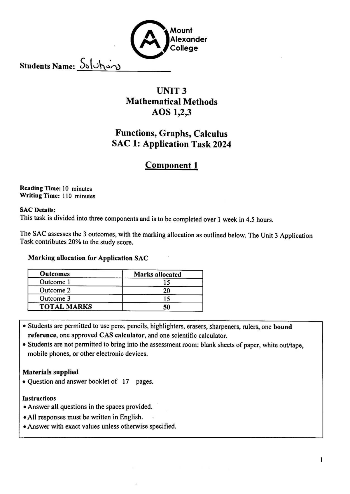 Unit 3 Mathematical Methods AOS 1,2,3: SAC 1 Application Task Solutions ...