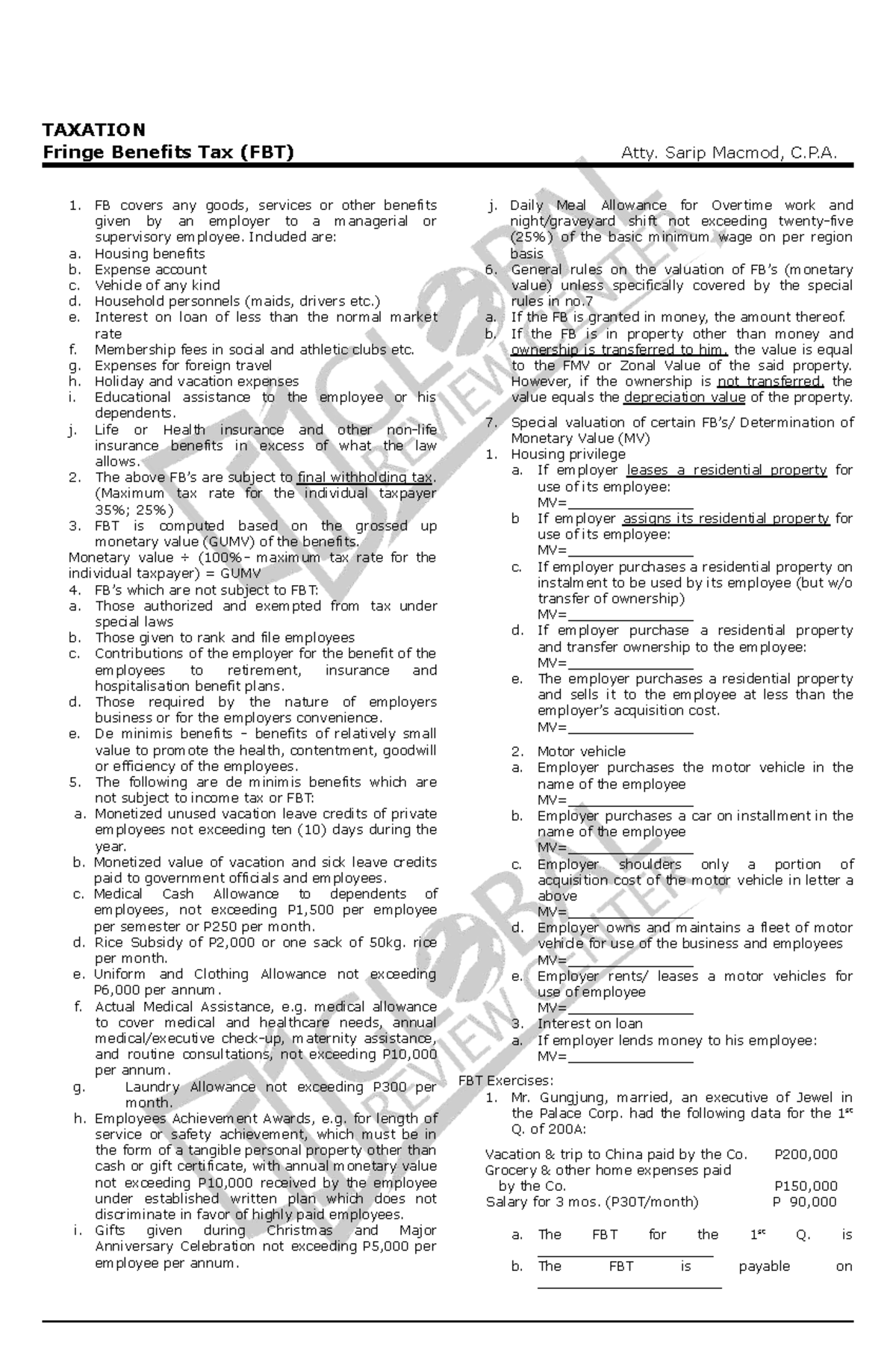 Fringe Benefits Tax (FBT) Overview and Valuation Guidelines - Studocu