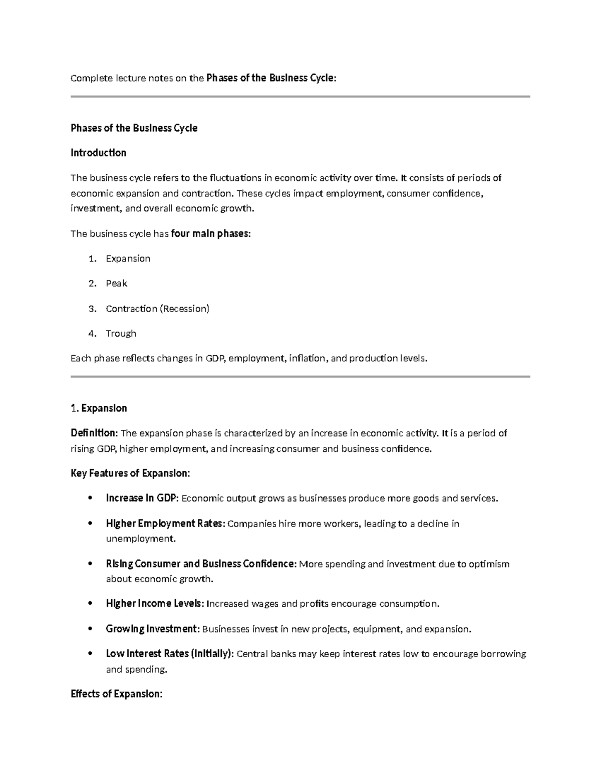 Complete Lecture Notes on Business Cycle Phases - SC - Studocu