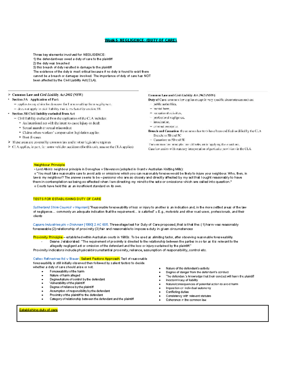 Torts Lecture Notes: Duty of Care and Negligence (LAW 101) - Studocu