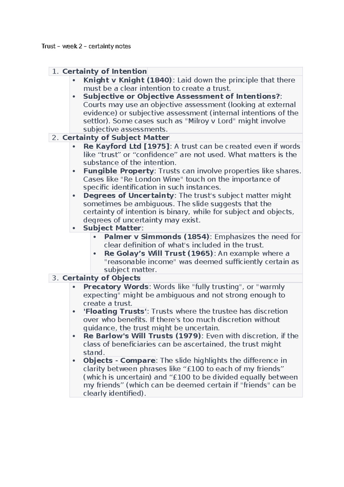 Trust Law Certainty - Week 2 Case Notes & Key Principles Analysis - Studocu
