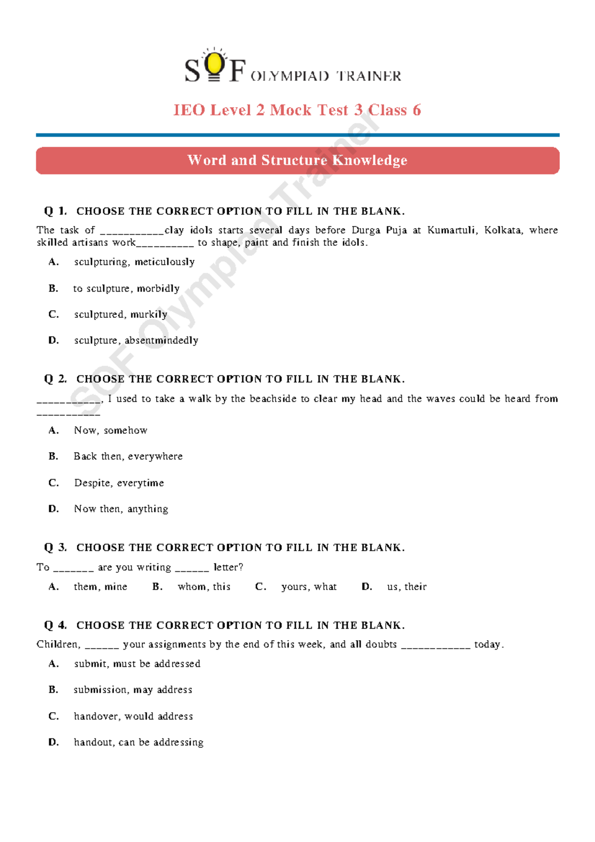IEO Level 2 Mock Test 3 Class 6 - Word and Structure Knowledge Answers ...