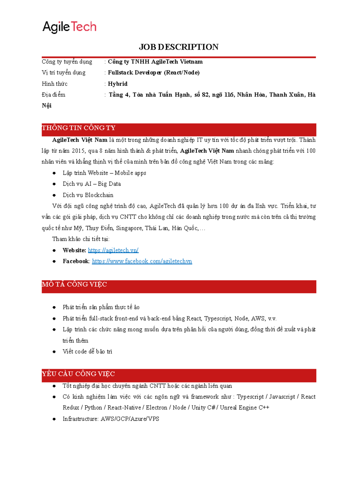 Agile Tech Hybrid-Fullstack-Developer-React Node-2023 - JOB DESCRIPTION ...