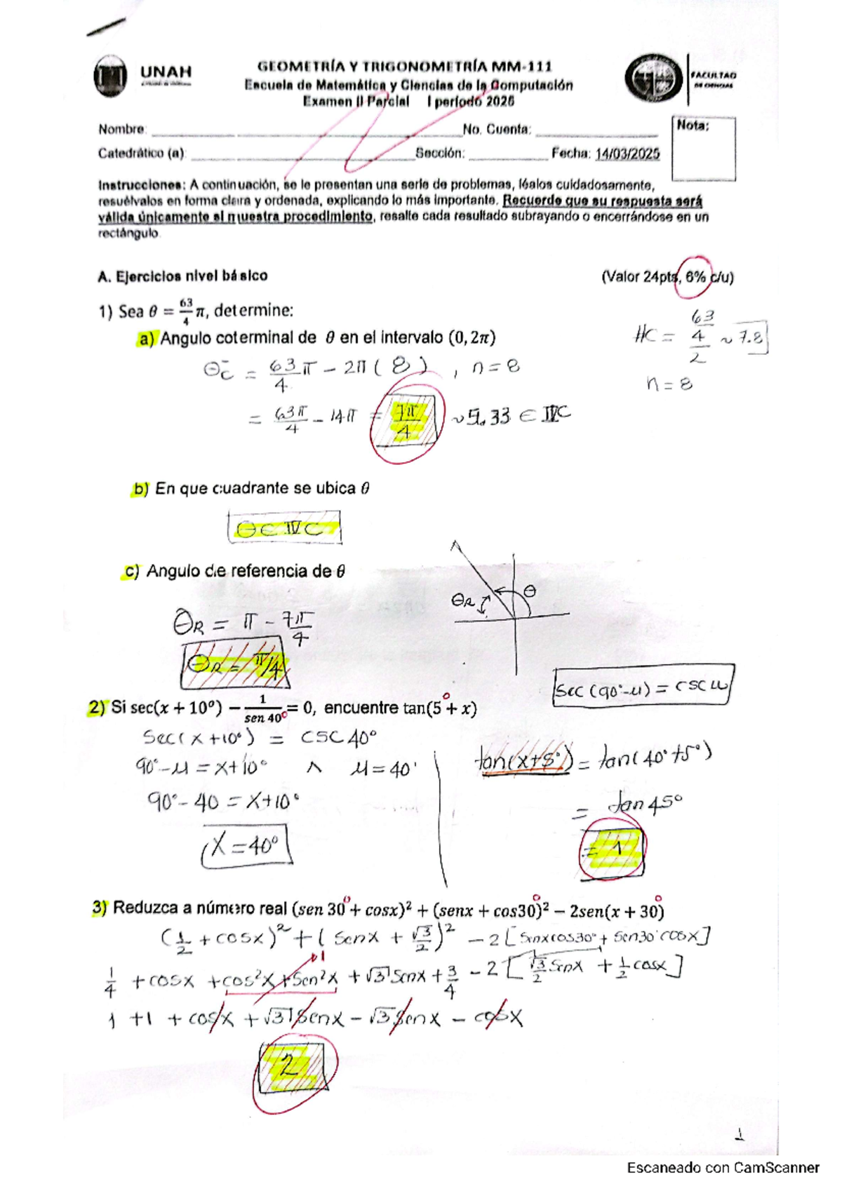 Exa2 MM111 - II P Examen de Geometría y Trigonometría 2026 - Document Preview