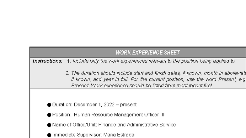 CS Form No. 212 Attachment: Work Experience Sheet for HR Positions ...