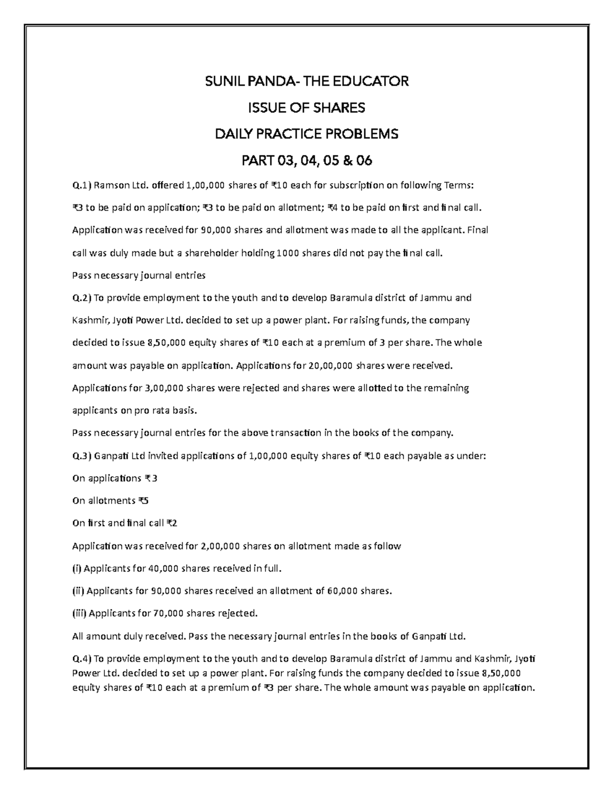 DPP PART 3, 4, 5, 6: Shares Practice Problems by Sunil Panda - Studocu