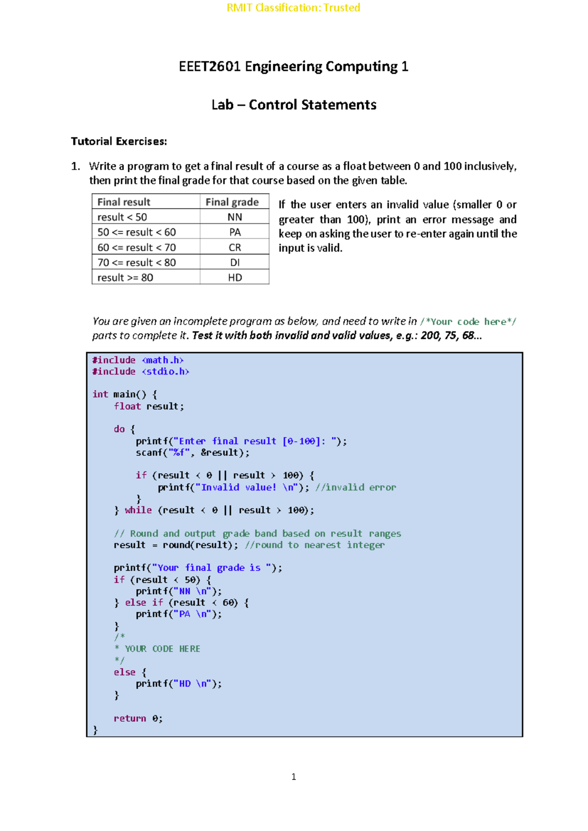 Lab - Control Statements - EEET2601 Engineering Computing 1 Lab ...