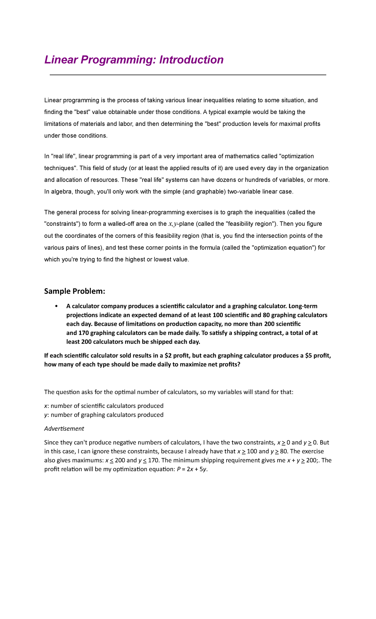 LP Lecture 1 2 - lesson - Linear Programming: Introduction Linear ...