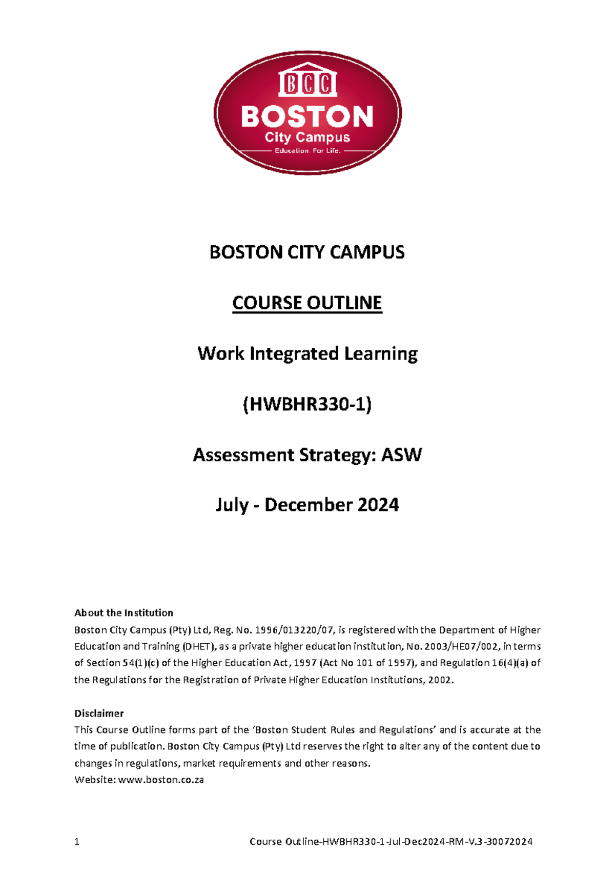 HWBHR330-1 Work Integrated Learning Course Outline July-Dec 2024 - Studocu