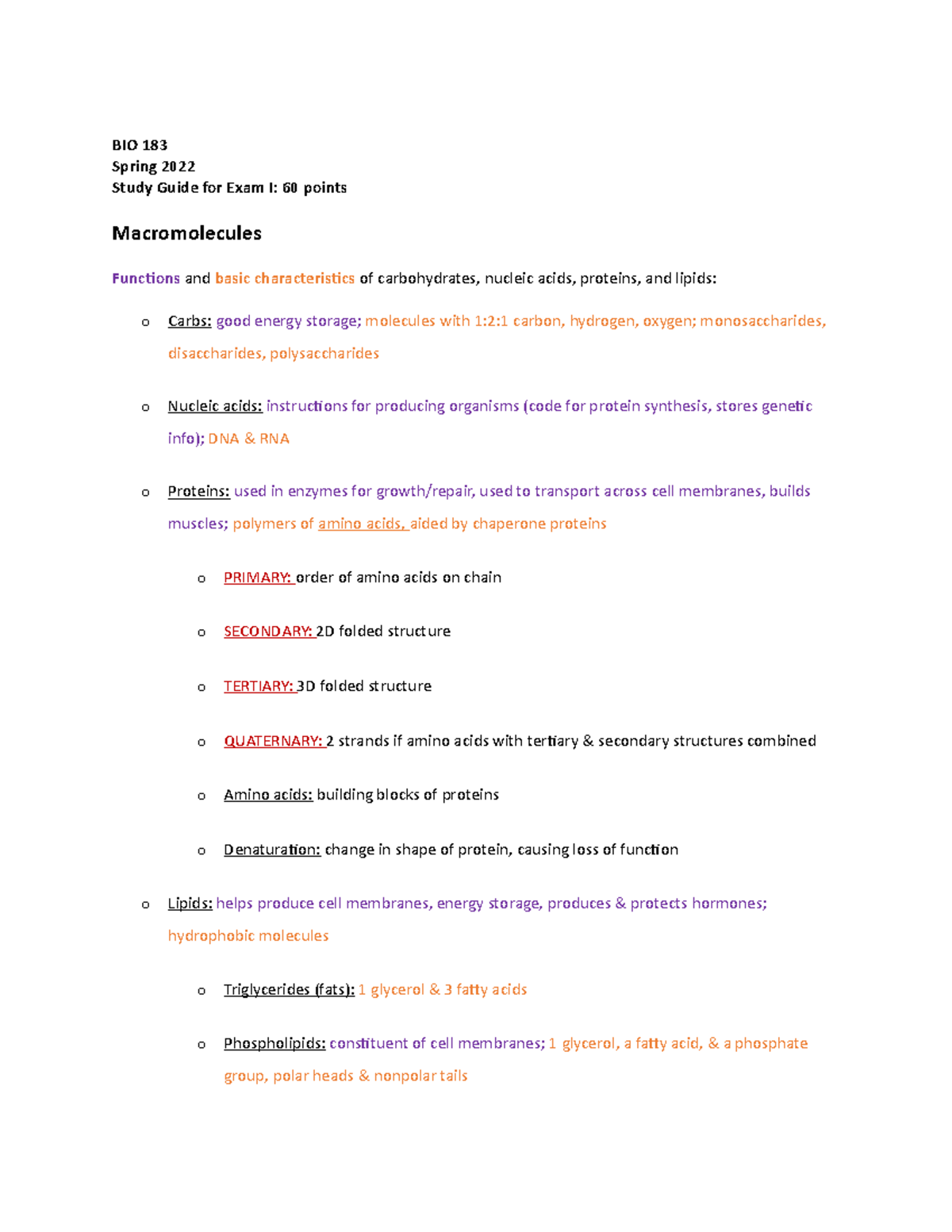 BIO 183 Spring 2022 Exam I Comprehensive Study Guide - Studocu