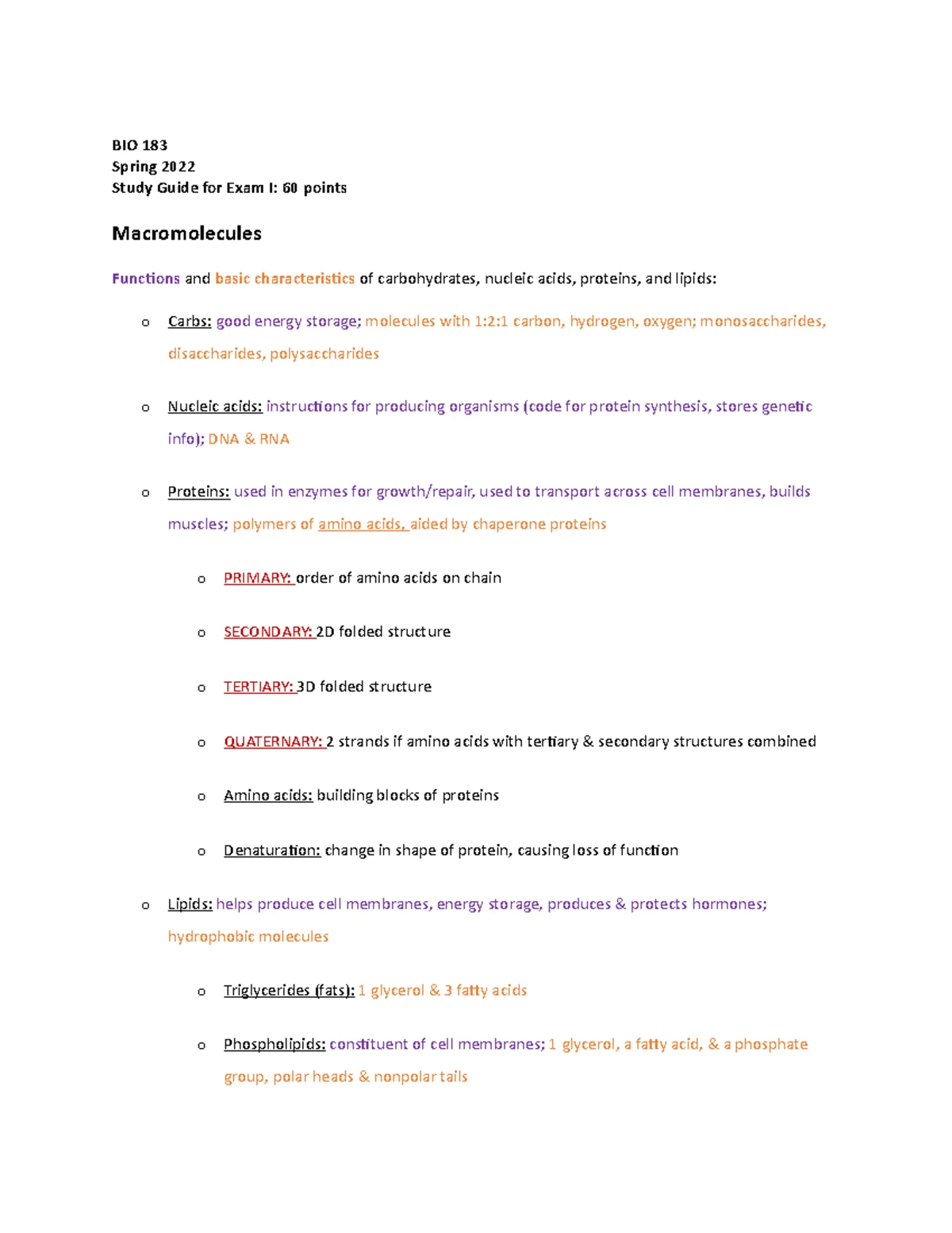 FE Study Guide BIOlogy - BIO 183 Spring 2022 Final Exam Study Guide ...