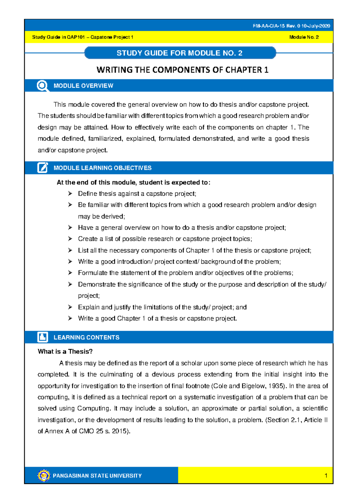 CAP101 Study Guide: Writing Chapter 1 for Capstone Project 1 - Studocu