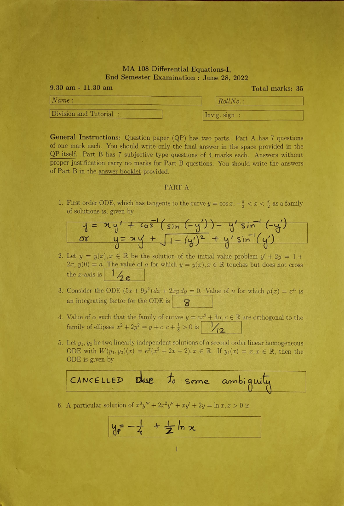 MA108 End Sem Exam Paper & Solutions - Differential Equations I - Studocu