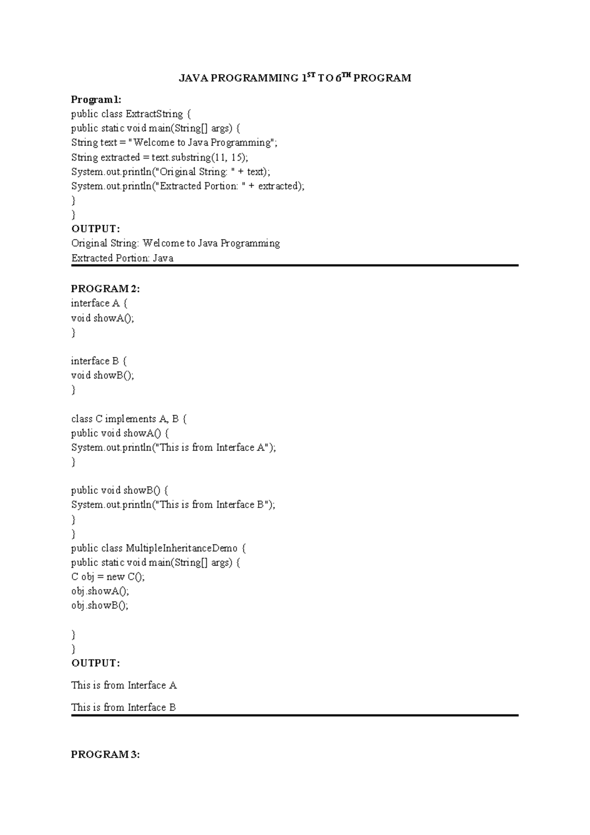 JAVA Programming 1ST TO 6TH Programs Overview and Outputs - Studocu