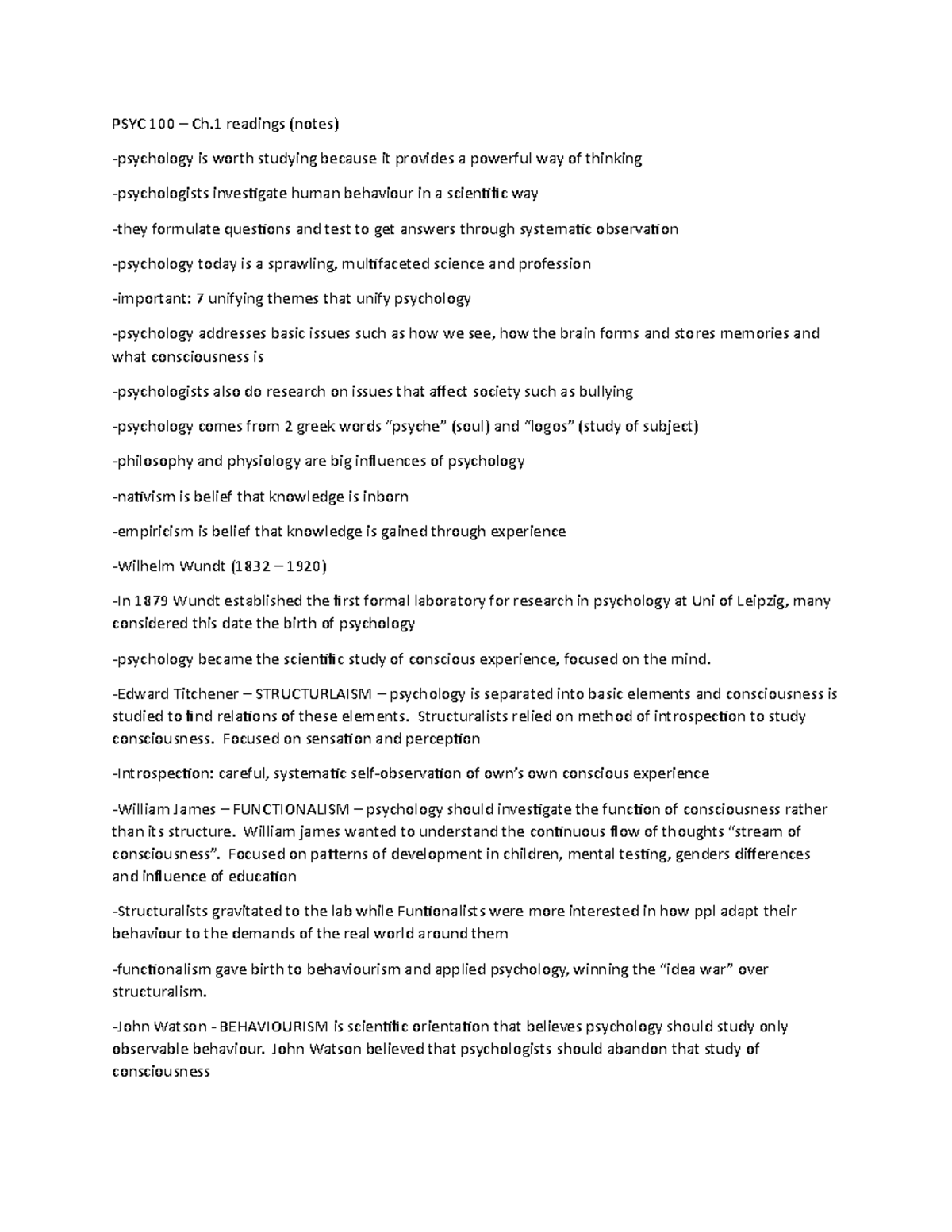 PSYC 100 - Chapter 1 Notes on Psychology Basics and Themes - Studocu