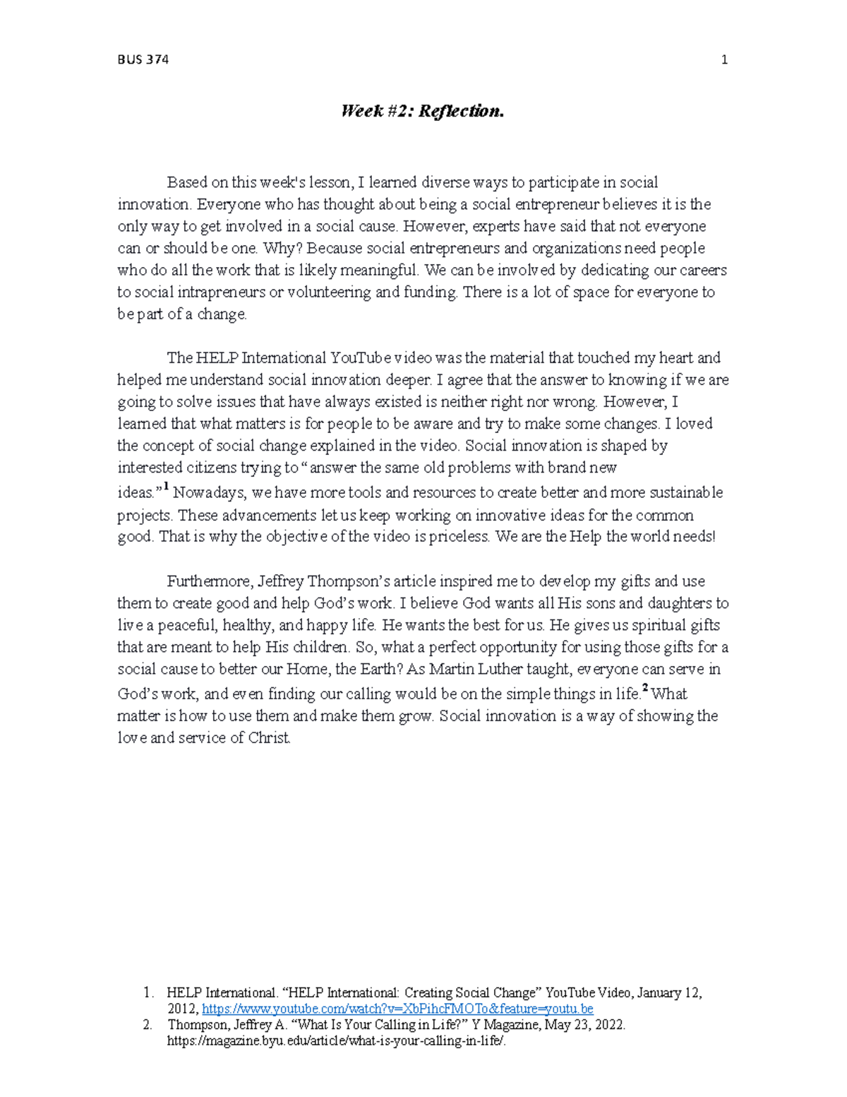 BUS 374 Week 2 Reflection on Social Innovation and Change - Studocu