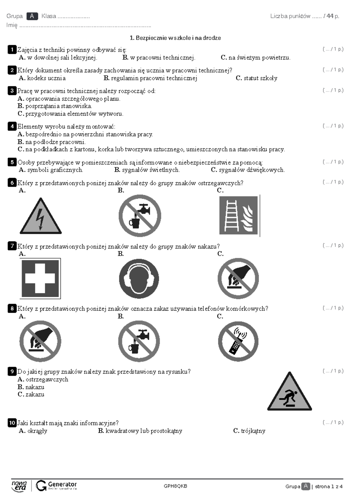 Sprawdzian Z Techniki Kl 4 Znaki Drogowe www.studocu.com