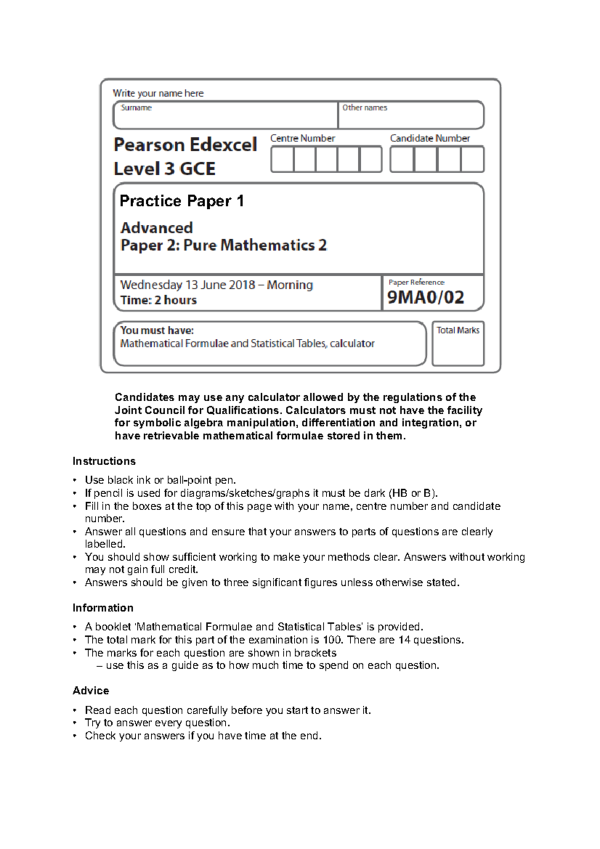 Practice Paper 1 - Mathematics Exam (Course Code: Paper-2-qp) - Studocu