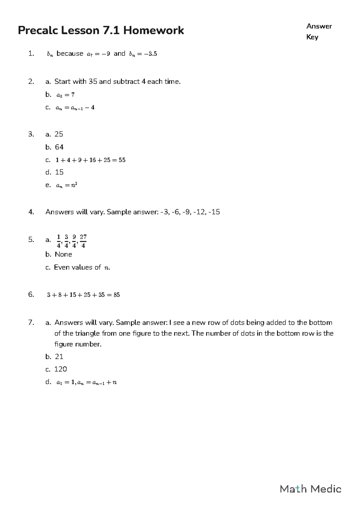 Precalc Lesson 7.1 Homework Answers and Key - Studocu