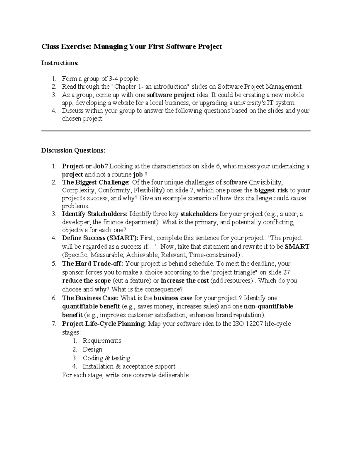 Class Exercise: Software Project Management - Lecture 1 - Studocu