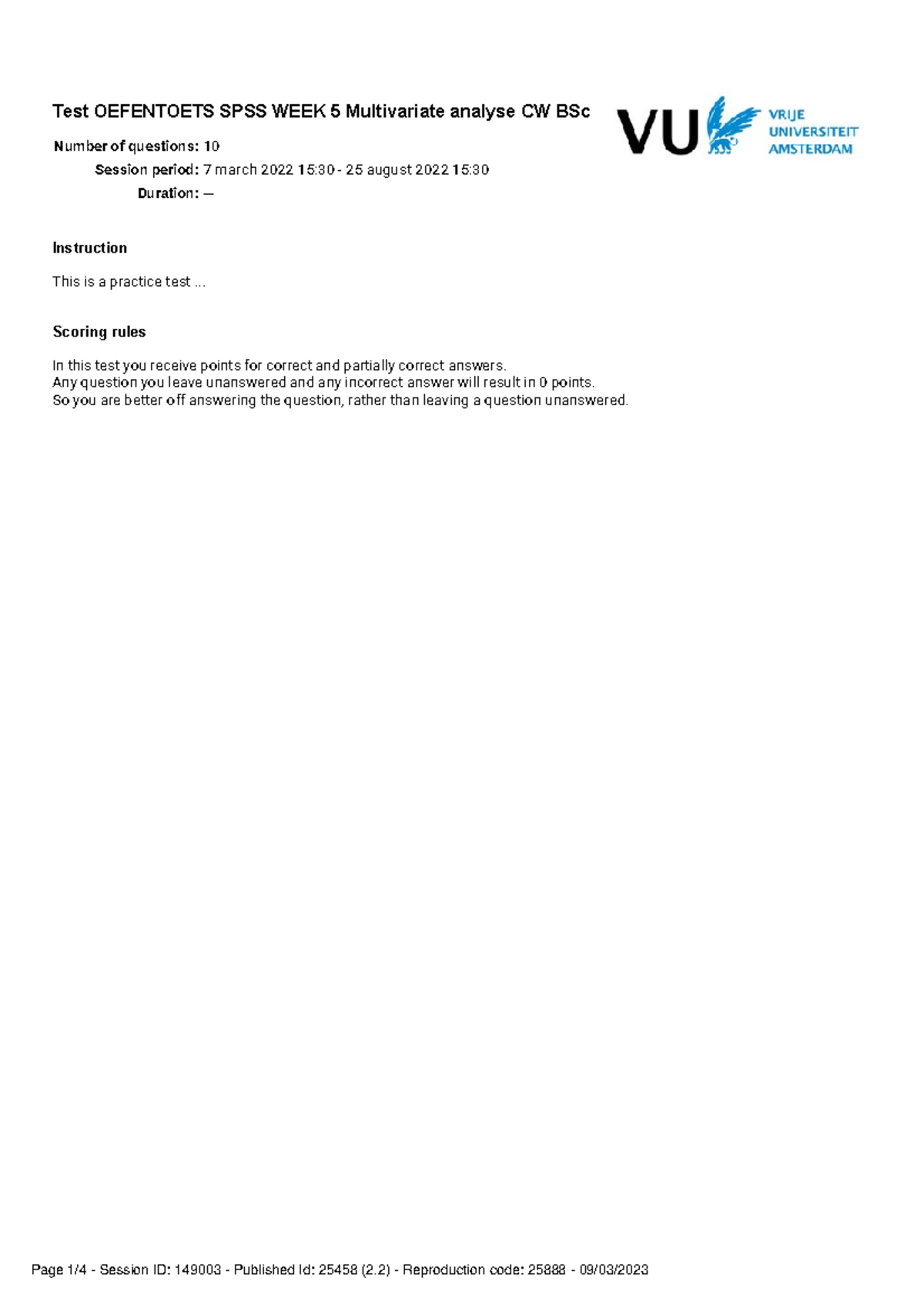 Practice Test WEEK 5 - OEFENTOETS SPSS Multivariate Analyse CW BSc ...