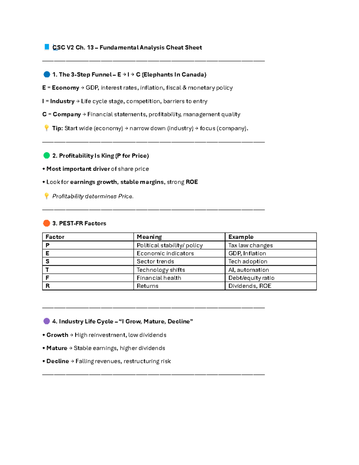CSC V2 Ch. 13 & 14 Fundamental Analysis & Company Analysis Cheat Sheet ...