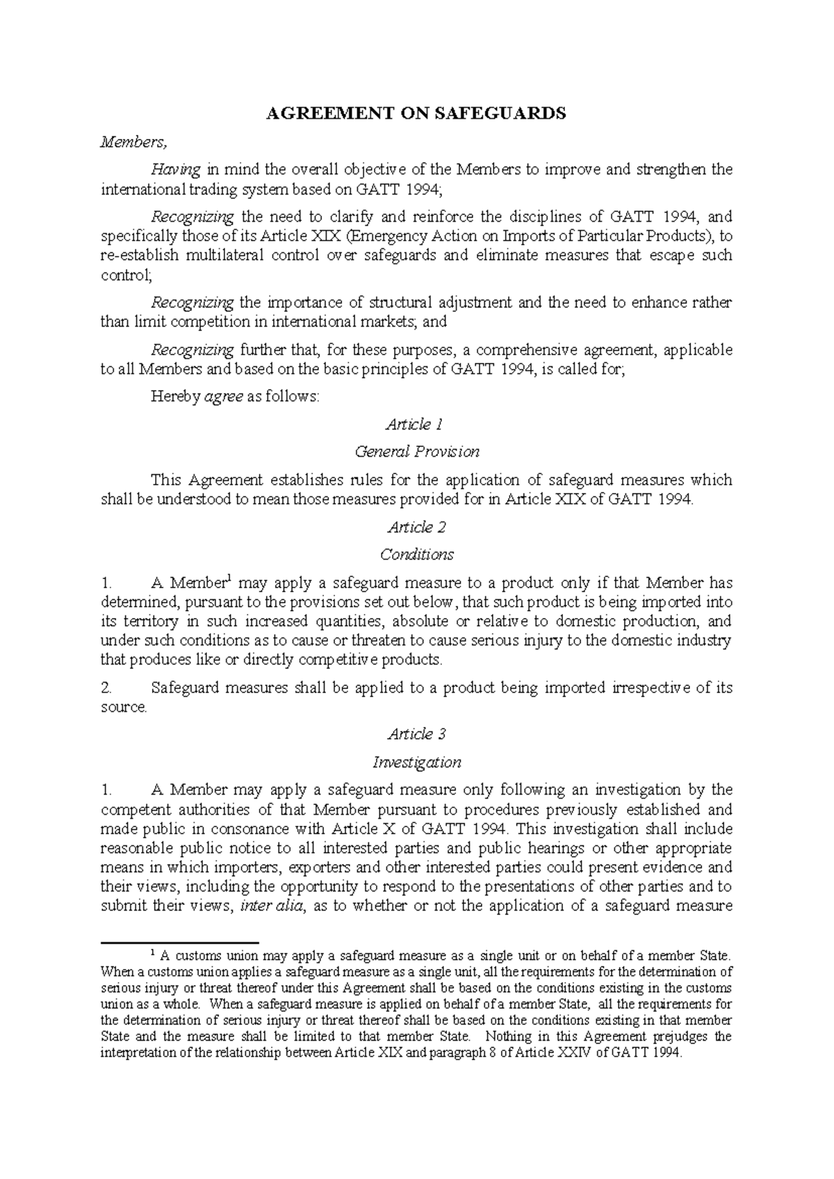 Attachfile 001 - bbdfbsvsgsd - AGREEMENT ON SAFEGUARDS Members, Having ...