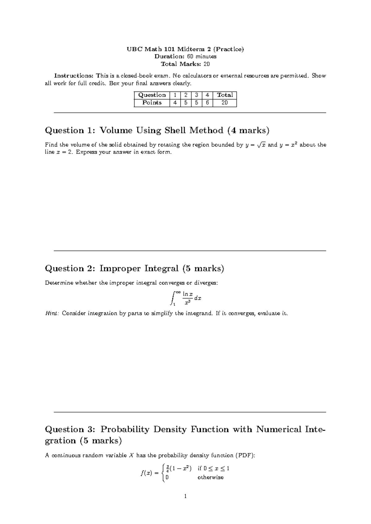 UBC Math 101 Midterm 2 (Practice Test) - Practice Exams and Solutions ...