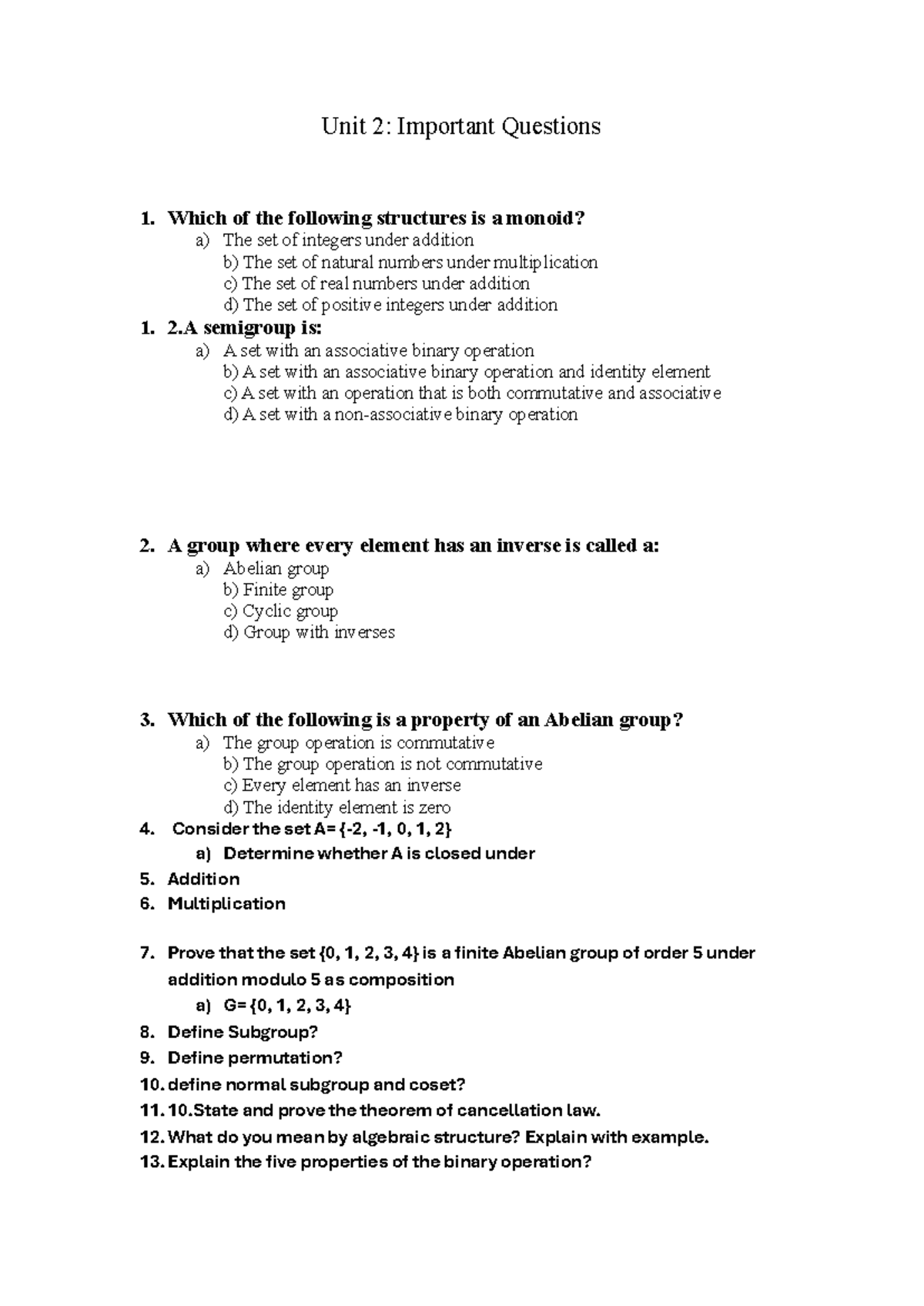 Unit 2: Important Questions on Algebraic Structures and Groups - Studocu