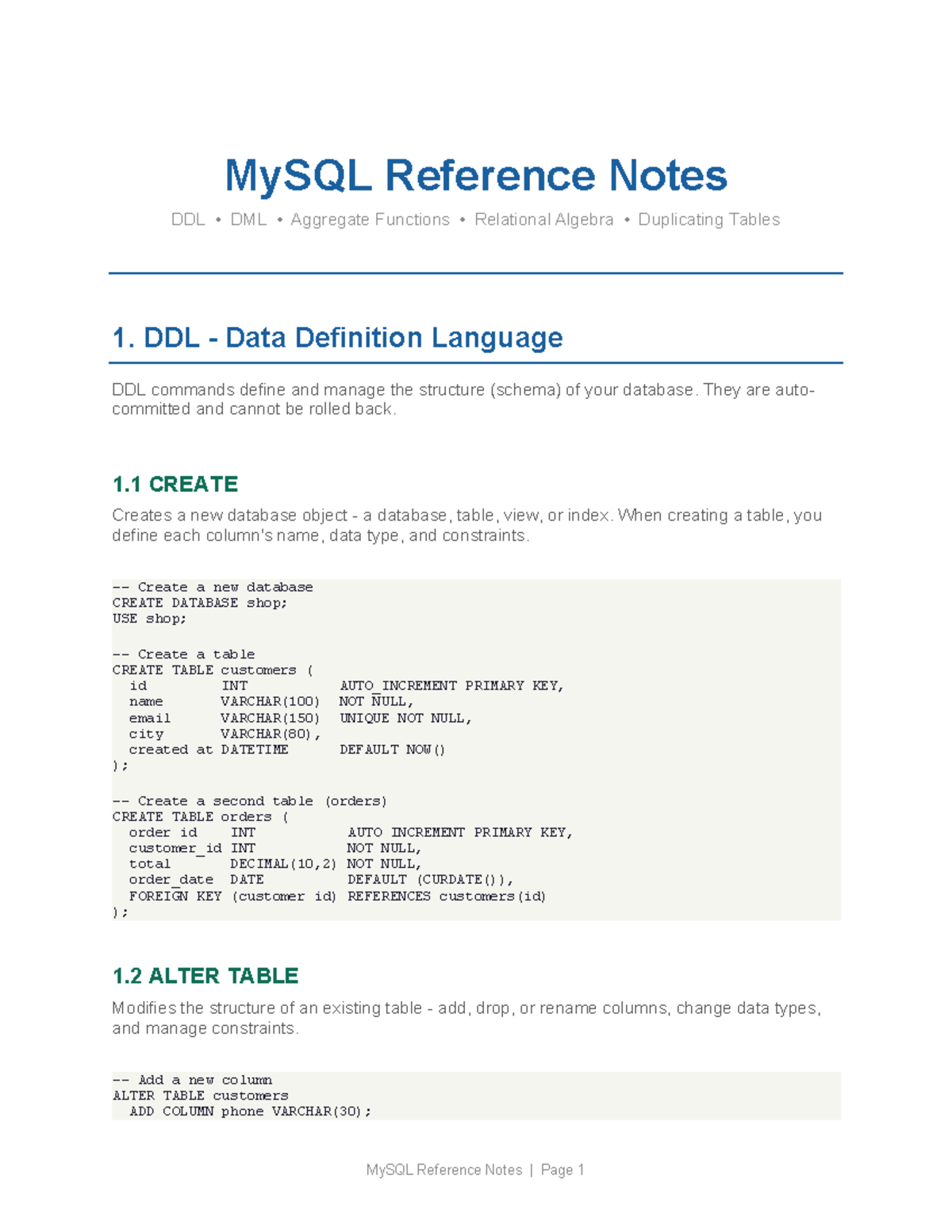 MySQL Reference Notes: DDL and DML Overview - Studocu