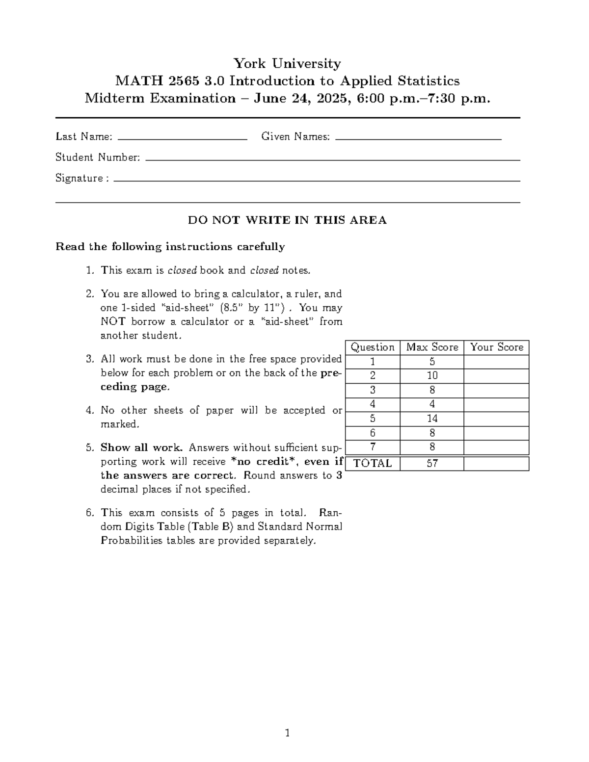 York University MATH 2565 3.0 Applied Statistics Midterm Exam June 2025 ...