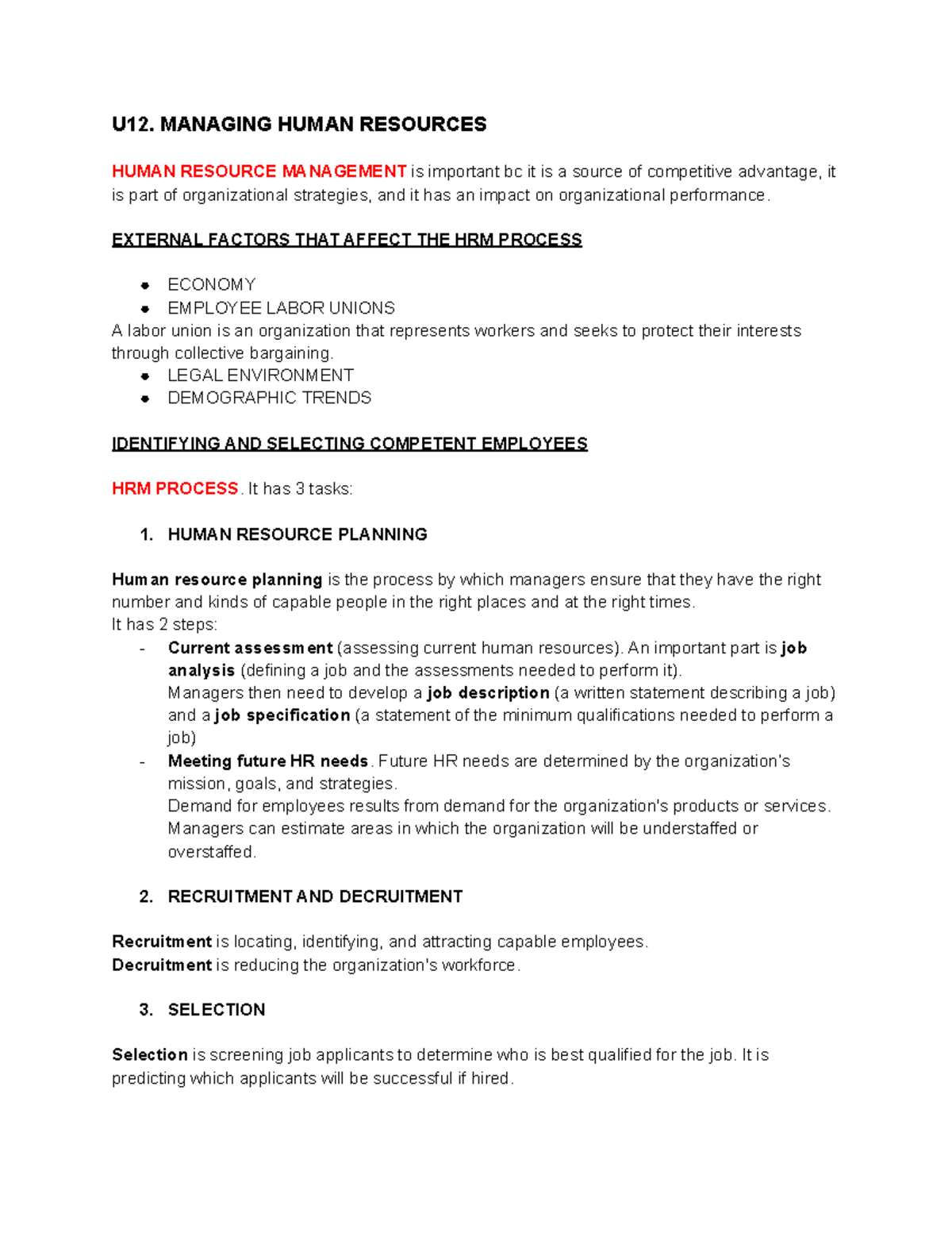 U12. Final Exam Notes on Managing Human Resources and Operations - Studocu
