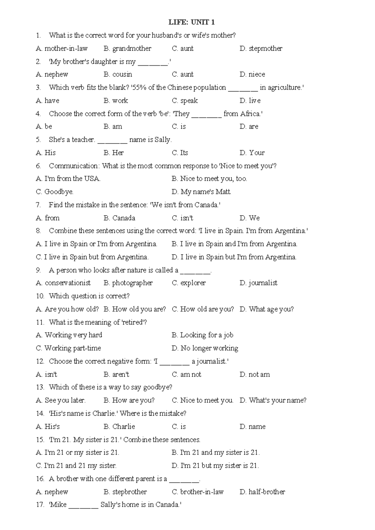 LIFE: UNIT 1 - English Language Practice Questions and Answers - Studocu